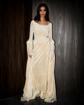Vala wrap bisht velvet set- Cream