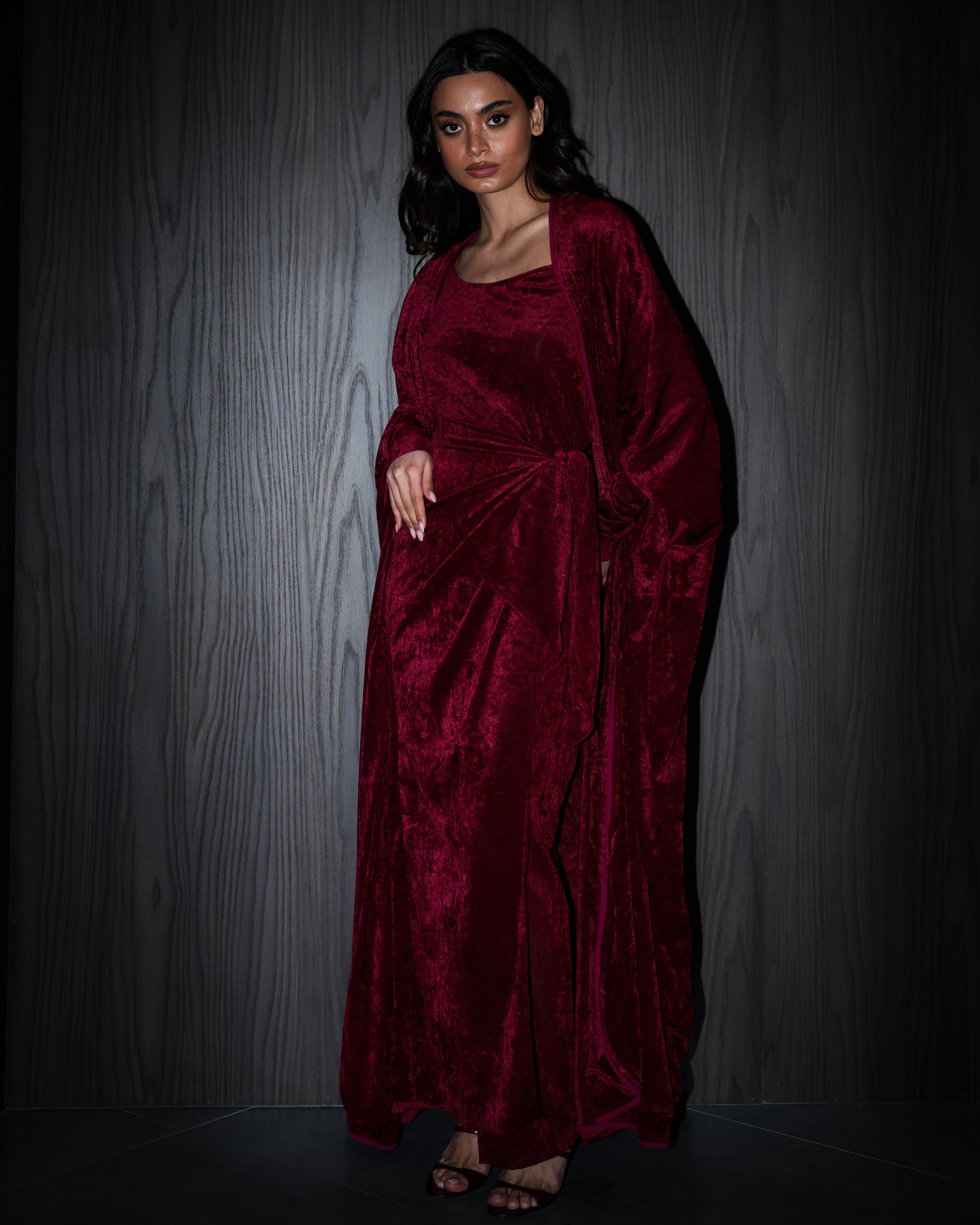 Vala wrap bisht velvet set- Burgundy
