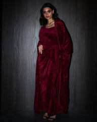 Vala wrap bisht velvet set- Burgundy