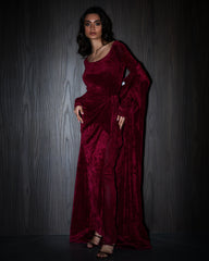 Vala wrap bisht velvet set- Burgundy