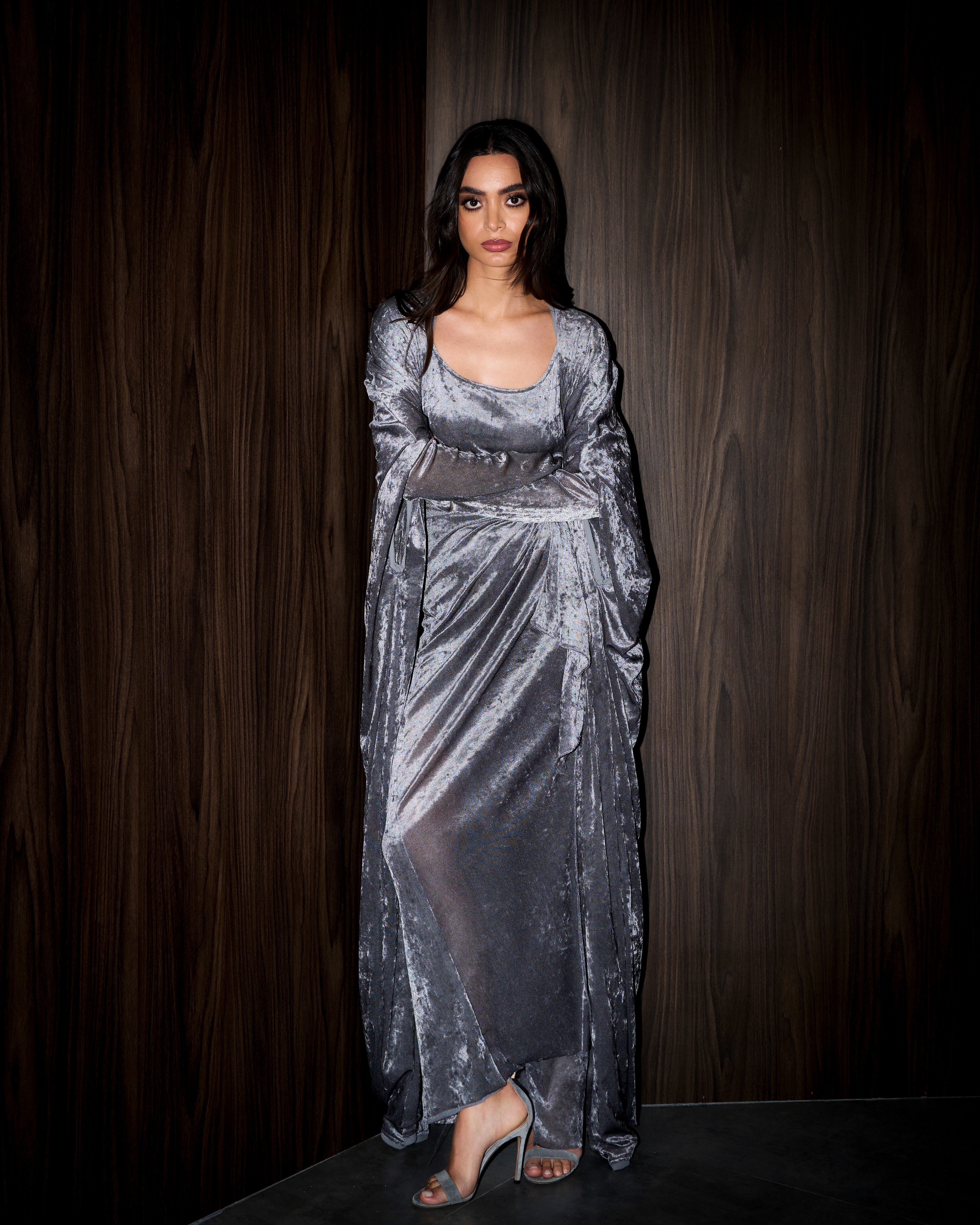 Vala wrap bisht velvet set- Smoked Gray