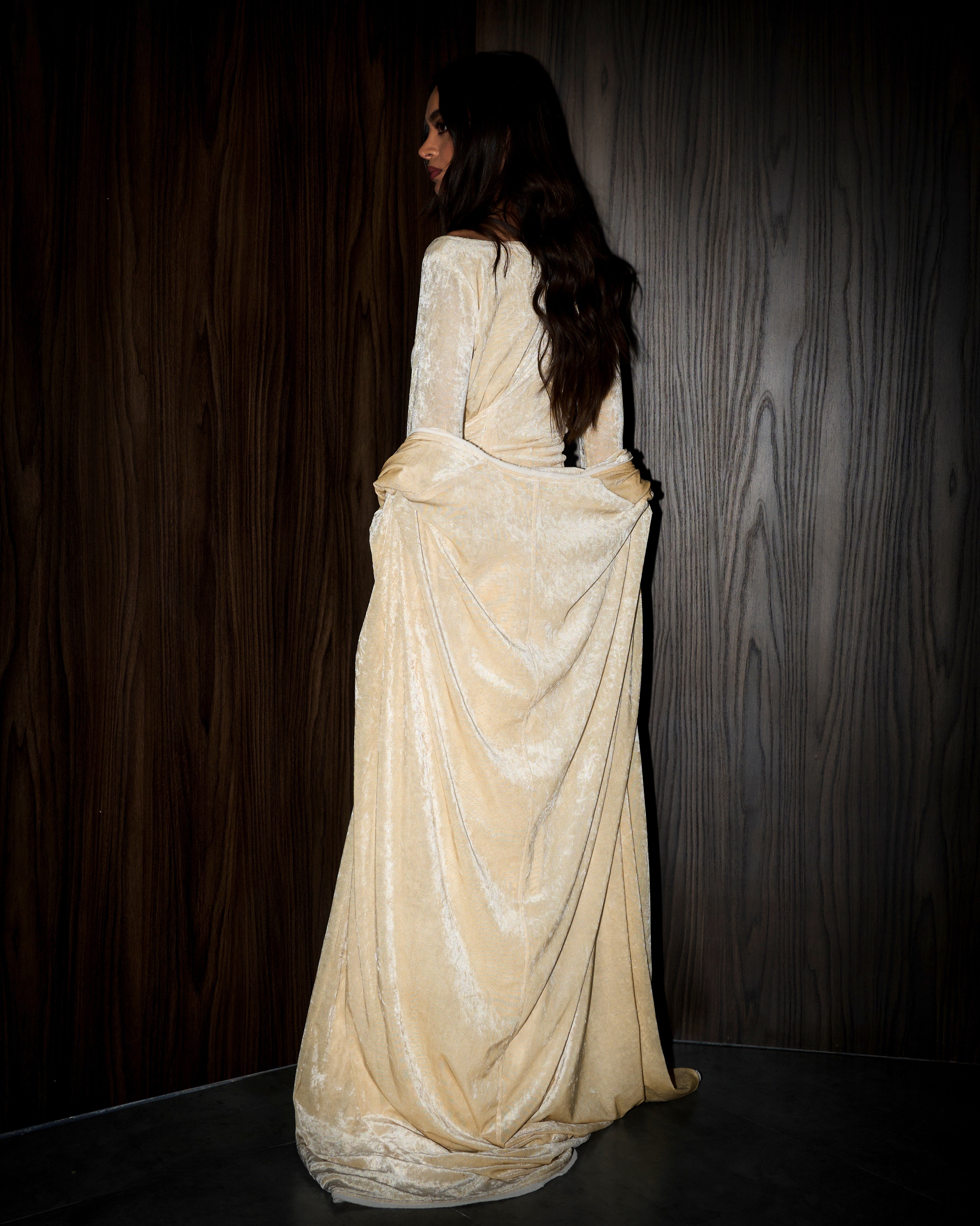 Vala wrap bisht velvet set- Cream