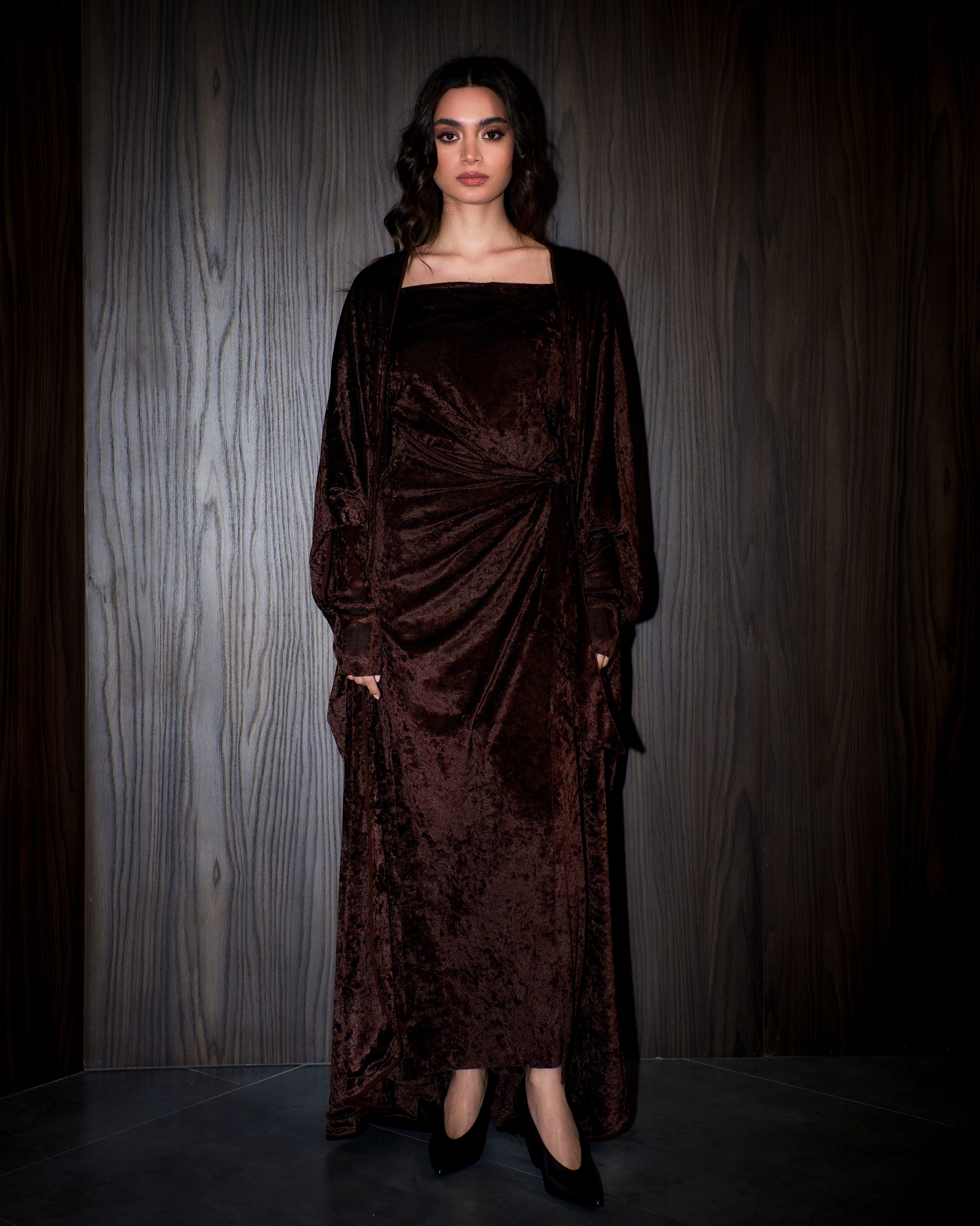 Vala wrap bisht velvet set- Chocolate Brown