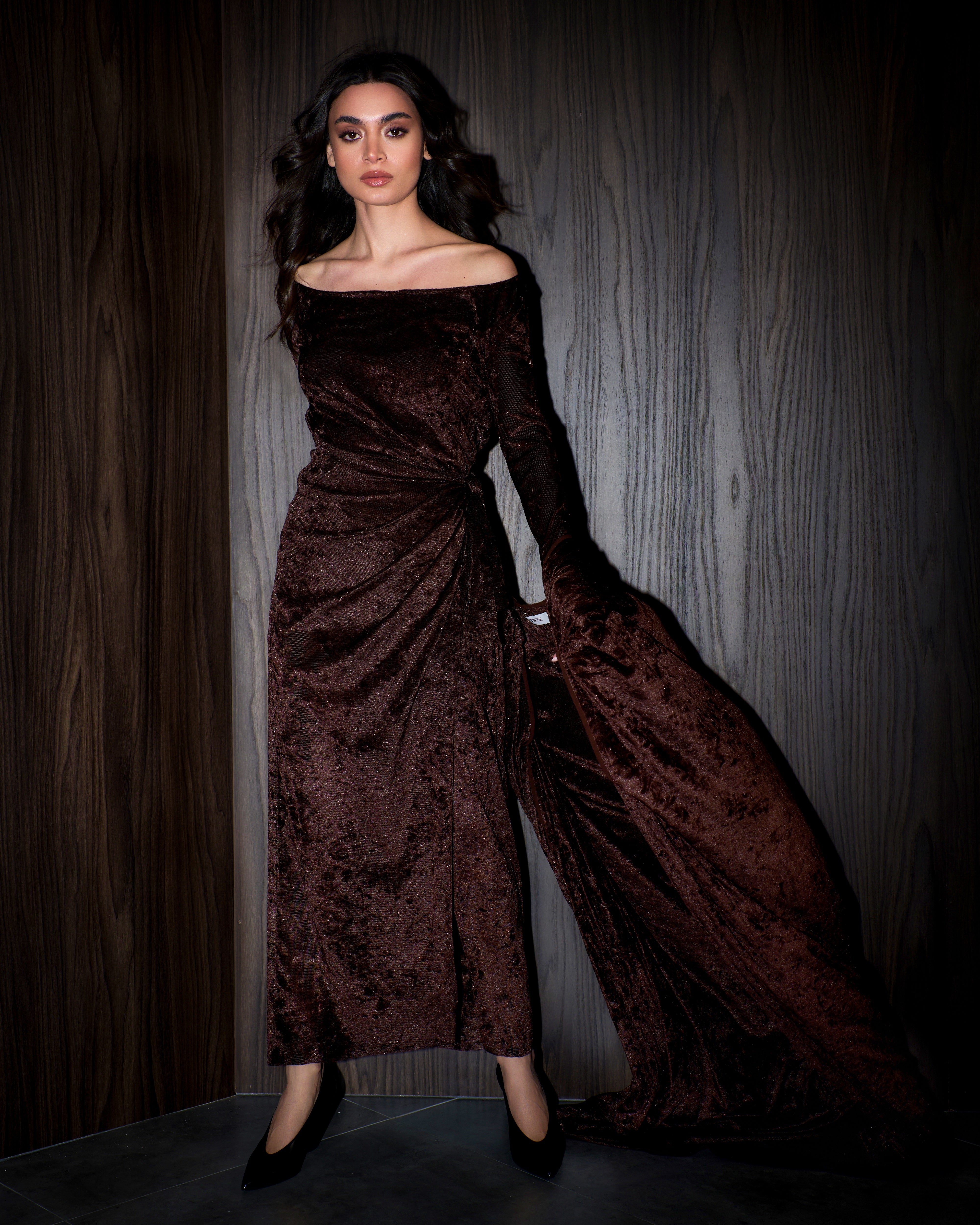 Vala wrap bisht velvet set- Chocolate Brown